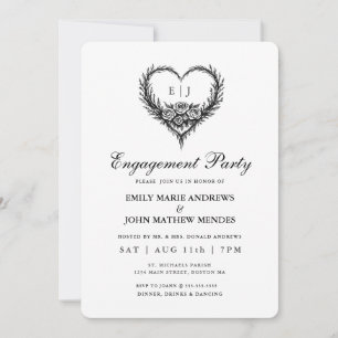 Modern Black Hand Drawn Heart Engagement Party Invitation