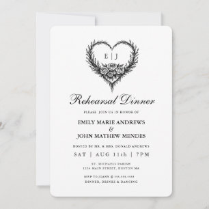 Modern Black Hand Drawn Heart Rehearsal Dinner Invitation