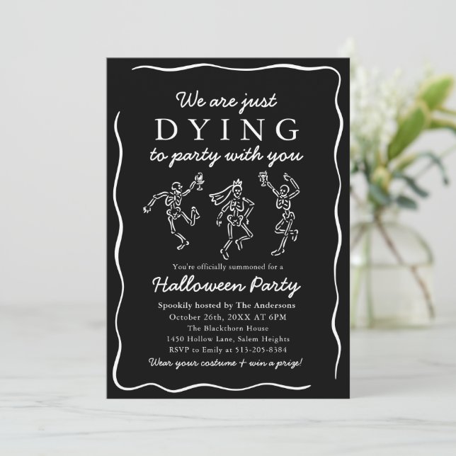 Modern Black Hand Drawn Skeletons Halloween Party Invitation (Standing Front)