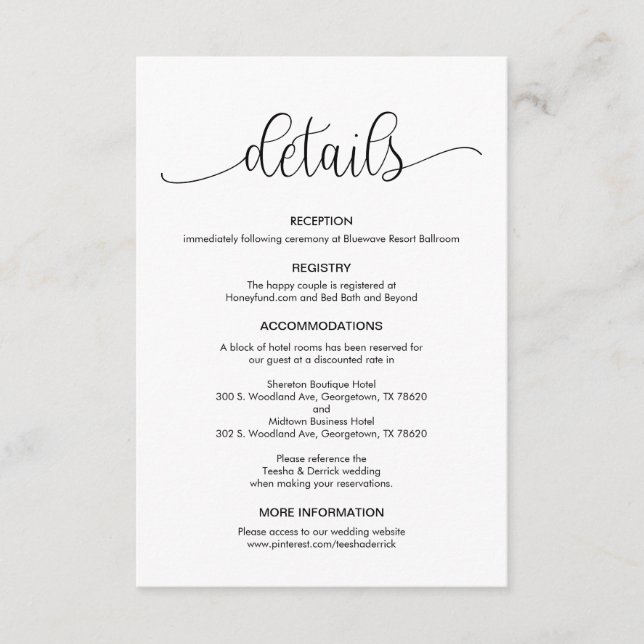 Modern Black Hand Lettered design, Wedding Details Enclosure Card (Front)