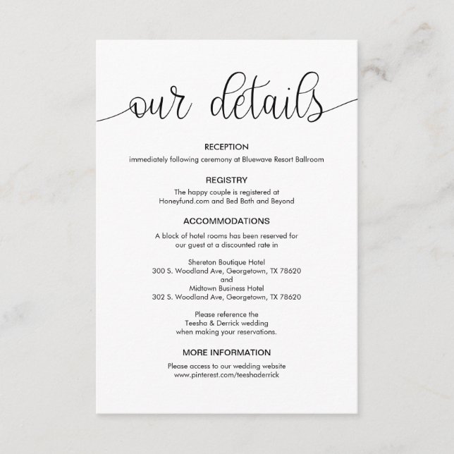 Modern Black Hand Lettered design, Wedding Details Enclosure Card (Front)