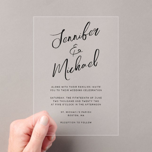 Modern Black Hand Lettered Script Wedding Acrylic Invitations (Insitu (Handheld))