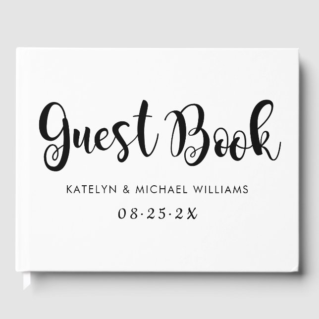 Modern Black Handwritten Script Wedding Monogram Guest Book (Front)