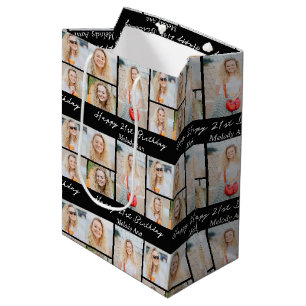Modern Black Happy Birthday Photo Collage Medium Gift Bag