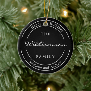 Modern Black Happy Holidays Family Name Ceramic Tree Decoration
