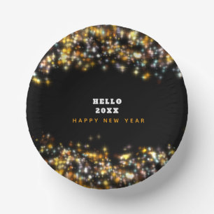 Modern Black Happy New Year Gold Glitter Sparkling Paper Plate