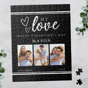 Modern Black Happy Valentine's Photo Collage Jigsaw Puzzle