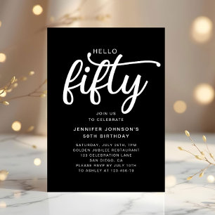 Modern Black Hello Fifty 50th Birthday Invitation