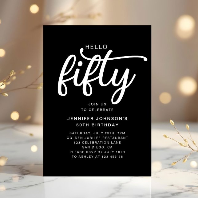 Modern Black Hello Fifty 50th Birthday  Invitation (Modern Black Hello Fifty 50th Birthday Invitation)