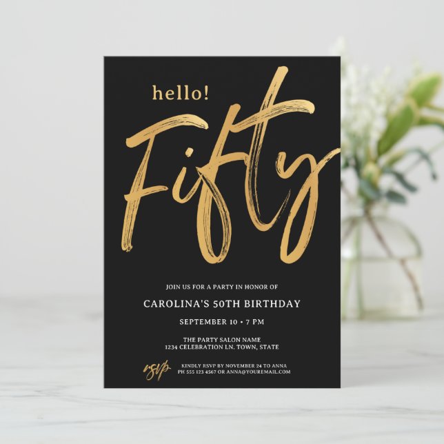 Modern Black Hello Fifty Fiftieth Party Invitation (Standing Front)