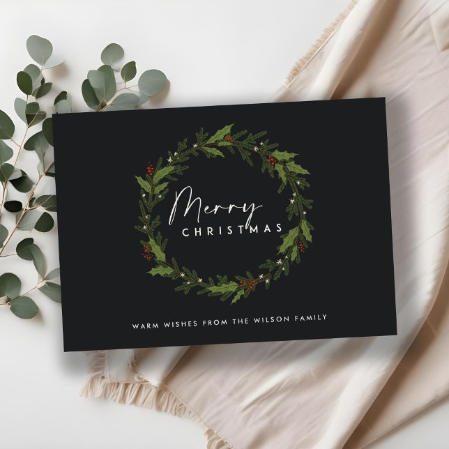 MODERN BLACK HOLLY BERRY WREATH MERRY CHRISTMAS HOLIDAY CARD (Creator Uploaded)