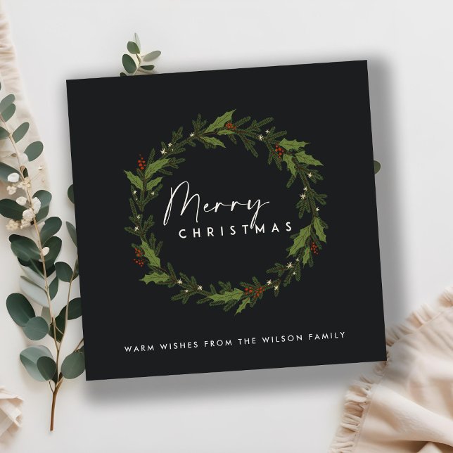 MODERN BLACK HOLLY BERRY WREATH MERRY CHRISTMAS HOLIDAY CARD (Creator Uploaded)