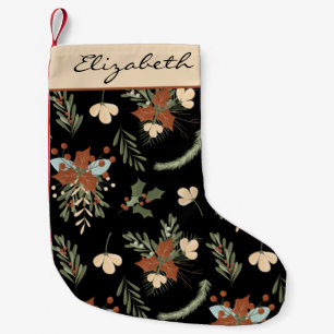 Modern Black Holly Leaves and Berries Personalised Small Christmas Stocking