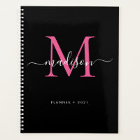 Modern Black Hot Pink Girly Monogram Script 2021