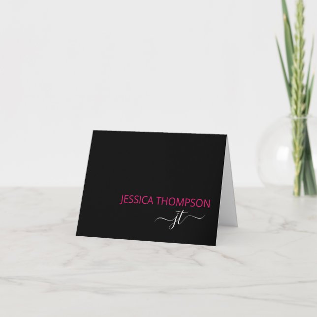 Modern Black Hot Pink Simple Script Monogram Name  Note Card (Front)