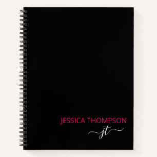 Modern Black Hot Pink Simple Script Monogram Name Notebook