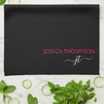 Modern Black Hot Pink Simple Script Monogram Name  Tea Towel<br><div class="desc">Customised monogrammed simple script name and initial modern and elegant girly stylish Black and Hot Pink Add Your Name with Girly Grey Initials. This personalised kitchen towel set is perfect for Sweet 16, 1st, 21st, 30th, 40th, 50th, 60th, 70th, Birthday Party, Weddings, Party Favour, Holiday Gift, Quinceanera, Graduation, Bridal Shower,...</div>