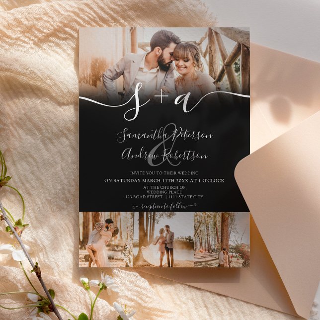 Modern black initials script 5 photos wedding invitation (Creator Uploaded)