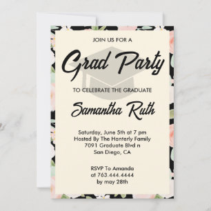 Modern Black Ivory Floral Photo Graduation Party Invitation