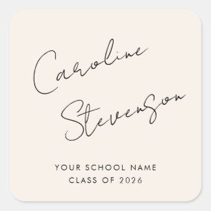 Modern Black Ivory Script Personalised Graduation Square Sticker