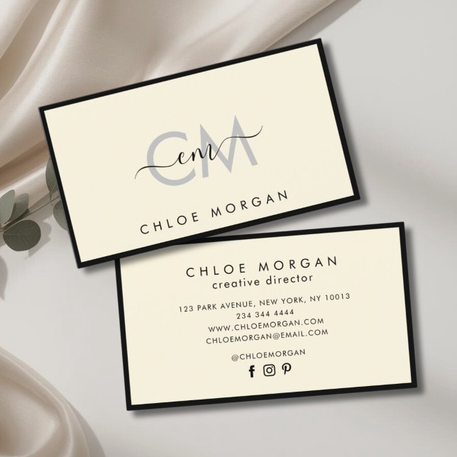 Modern black ivory script signature monogram business card (Creator Uploaded)