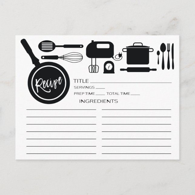 Modern Black Kitchen Utensils Recipe Card (Front)