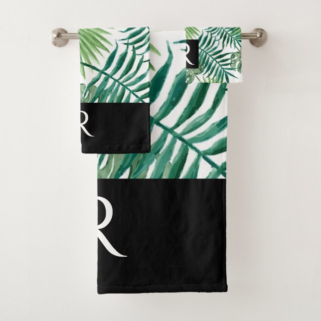Modern Black Leaf Pattern Monogram Bathroom Towel (Insitu)