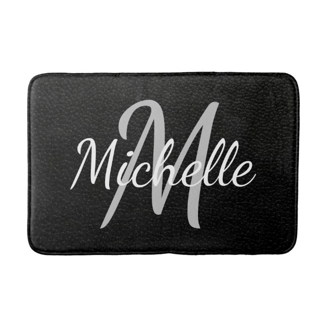 Modern Black leather Typography & Name Monogram Bath Mat (Front)