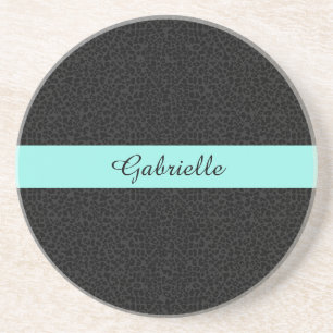 Modern Black Leopard Print Aqua Stripe With Name Coaster