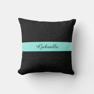 Modern Black Leopard Print Aqua Stripe With Name Cushion