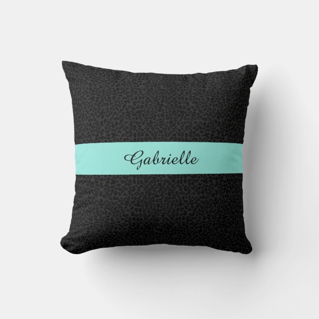 Modern Black Leopard Print Aqua Stripe With Name Cushion (Front)