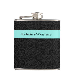Modern Black Leopard Print Aqua Stripe With Name Hip Flask