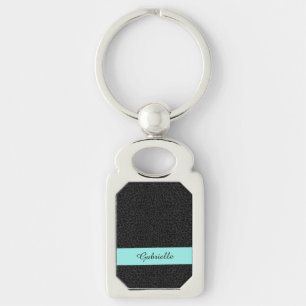 Modern Black Leopard Print Aqua Stripe With Name Key Ring