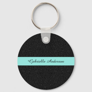 Modern Black Leopard Print Aqua Stripe With Name Key Ring