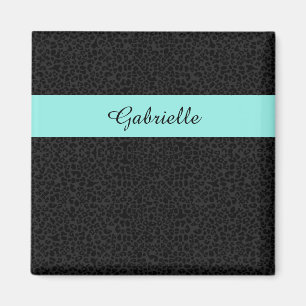 Modern Black Leopard Print Aqua Stripe With Name Magnet
