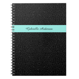 Modern Black Leopard Print Aqua Stripe With Name Spiral Notebook