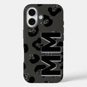 Modern Black Leopard Print Dark Shadow Monogram iPhone 16 Case