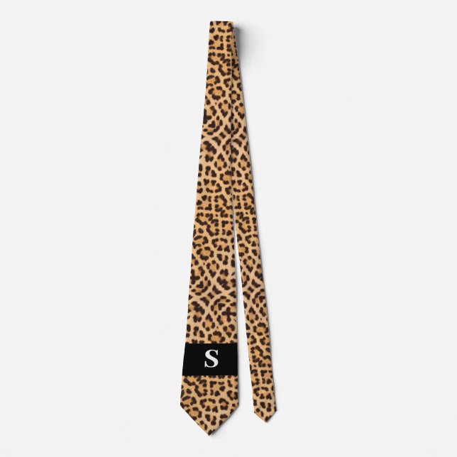 Modern Black Leopard Print Monogram Mens  Tie (Front)