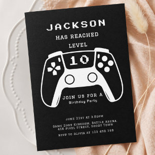 Modern Black Level Up Gamer Kids Birthday Party Invitation