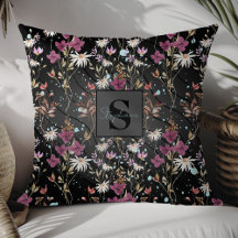 Modern Black Lines Elegant Wildflowers Monogram