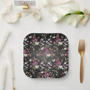 Modern Black Lines Elegant Wildflowers Paper Plate