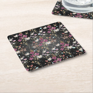 Modern Black Lines Elegant Wildflowers Square Paper Coaster