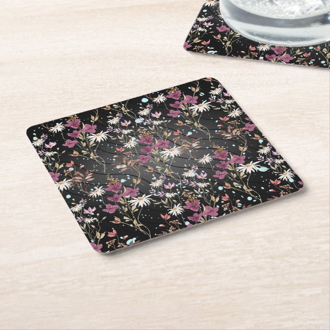 Modern Black Lines Elegant Wildflowers Square Paper Coaster (Angled)