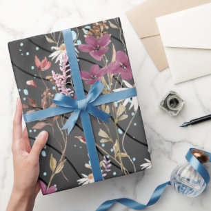 Modern Black Lines Elegant Wildflowers Wrapping Paper
