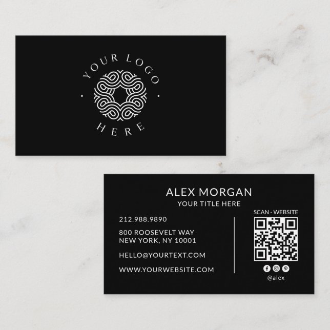 Modern Black Logo QR Code Business Card (Front/Back)