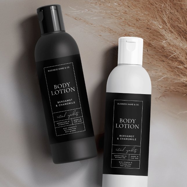 Modern Black Lotion 8 OZ Cosmetic Bottle Label (Minimalist black apothecary style waterproof product labels for 8 OZ cosmo bottles *verify size)