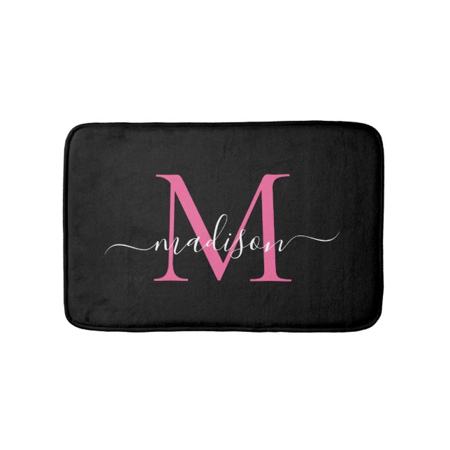 Modern Black Magenta Pink Monogram Script Elegant Bath Mat (Front)