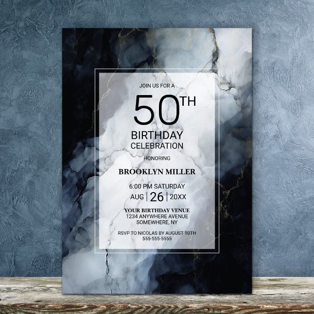 Modern Black Marble 50th Birthday Party Invitation (Creator Uploaded)