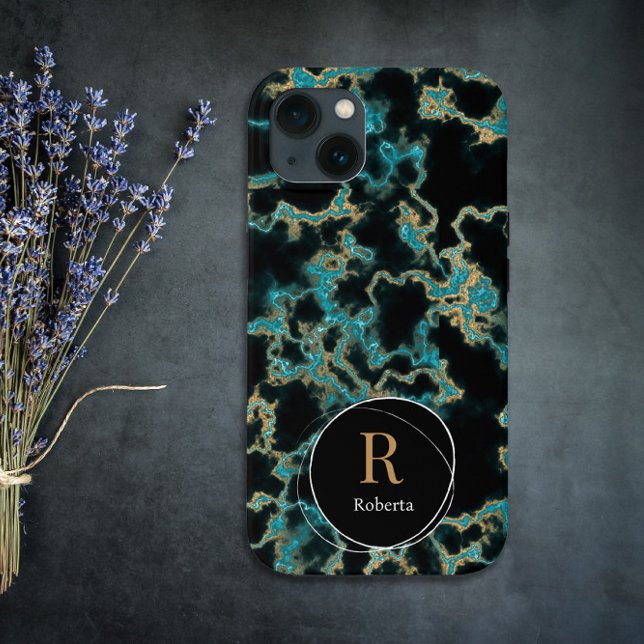 Modern black marble Custom Name Monogram Case-Mate iPhone Case (Creator Uploaded)