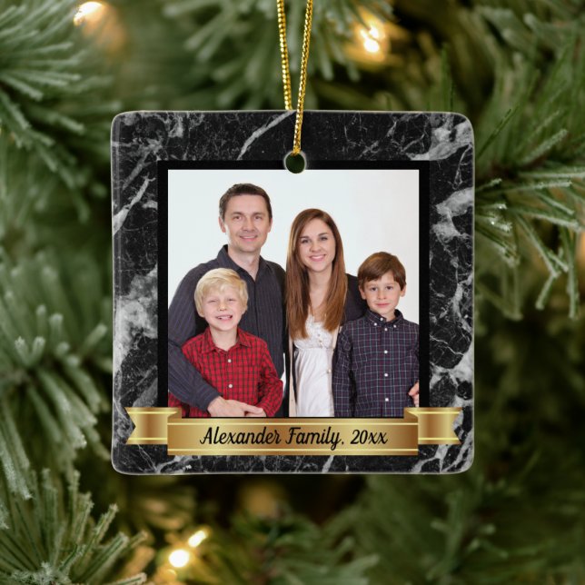 Modern Black Marble Custom Photo Ceramic Ornament (Tree)